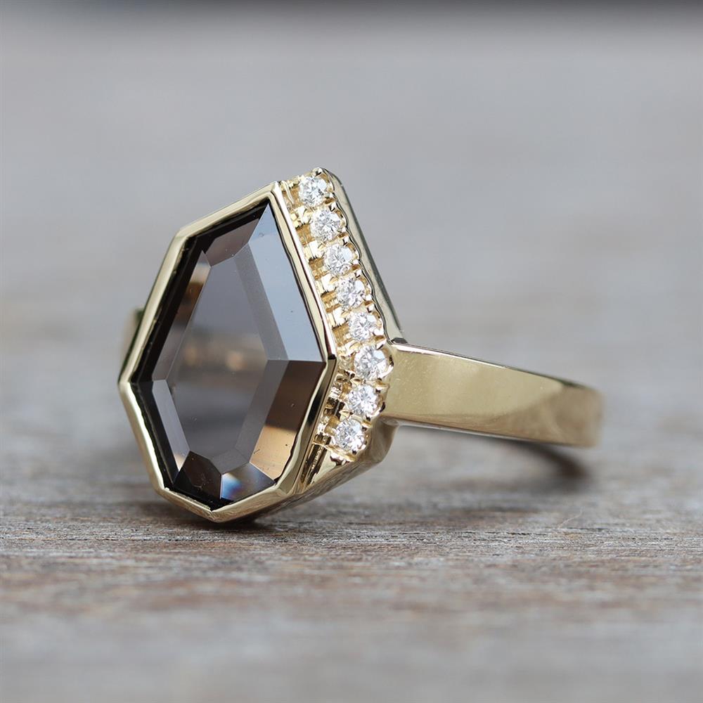 Geometric Gray Spinel & Diamond Ring in 14k Yellow Gold