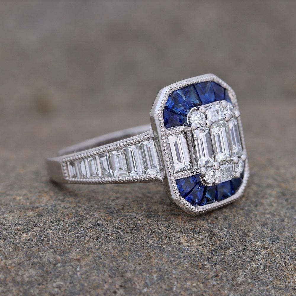 Sapphire Deco Diamond Ring in 14k White Gold