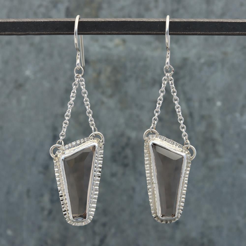 Geo Smoky Quartz Drop Earrings in Sterling Silver