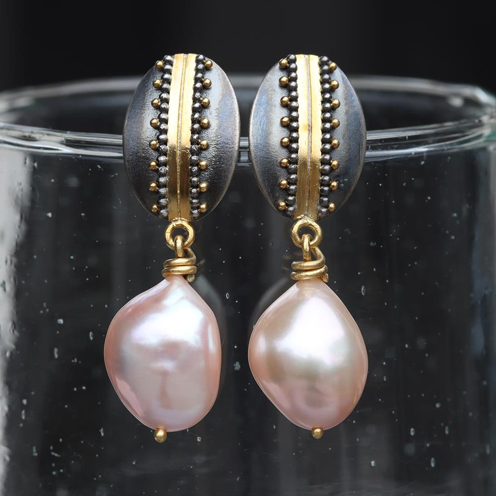 Sheila Stillman Freshwater Pearl Drop Earrings in 22k Gold & Sterling Silver