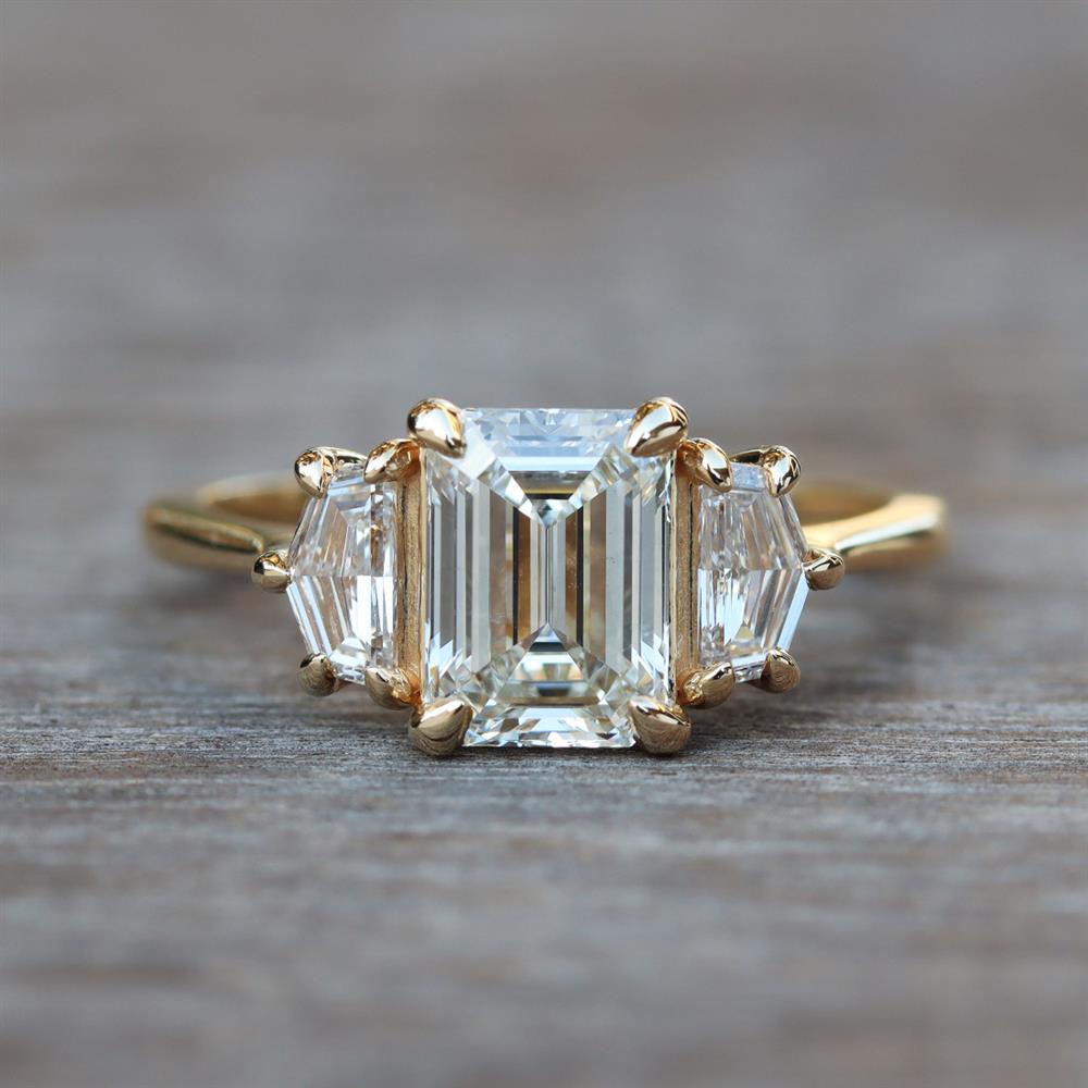Geometric Emerald Cut Three Stone Lab Grown Diamond Ring in 14k Yellow Gold