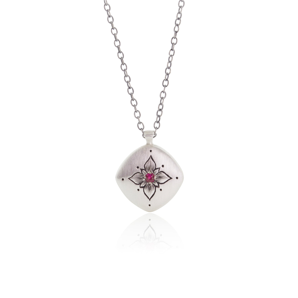 Adel Chefridi Lotus Cushion Ruby Necklace in Sterling Silver