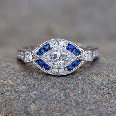 Blue Eye Vintage Inspired Diamond & Sapphire Ring in 14k White Gold