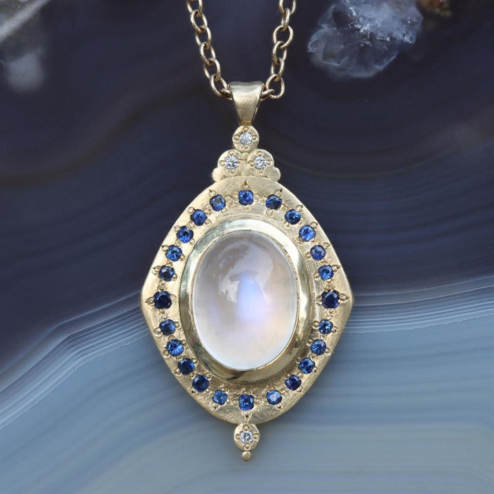 Adel Chefridi Moonstone & Sapphire Necklace in 18k Yellow Gold