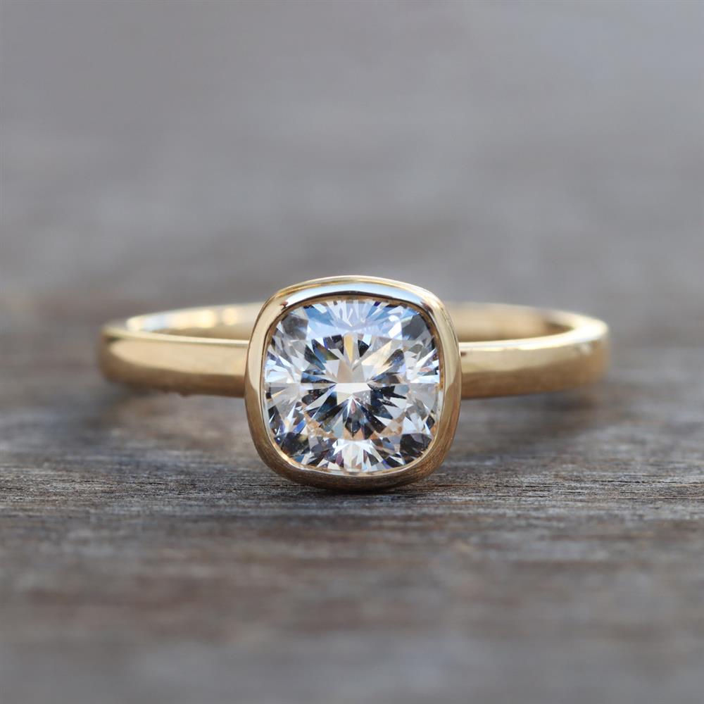 Modern Cushion 1.55ct Lab Grown Diamond Bezel Solitaire Ring in 14k Yellow Gold