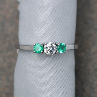 Petite Diamond & Emerald Three-Stone Ring in 14k White Gold