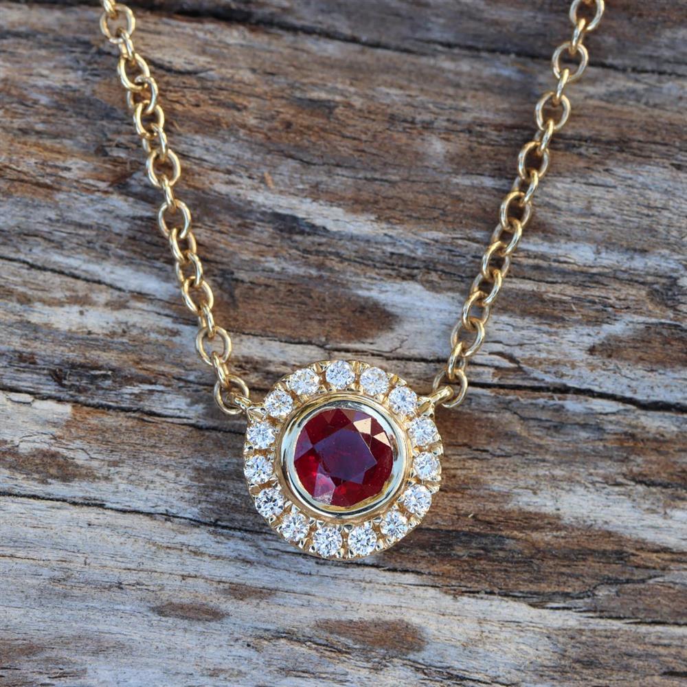 Classic Ruby Diamond Halo Necklace in 14k Yellow Gold