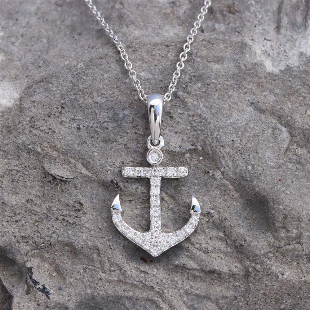Petite Anchor Diamond Necklace in 14k White Gold
