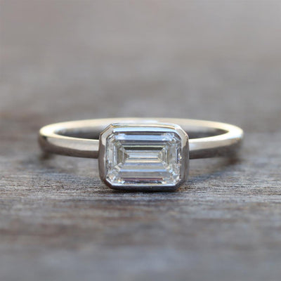 Modern Emerald East-West 1.52ct Lab Grown Diamond Bezel Solitaire Ring in 14k White Gold