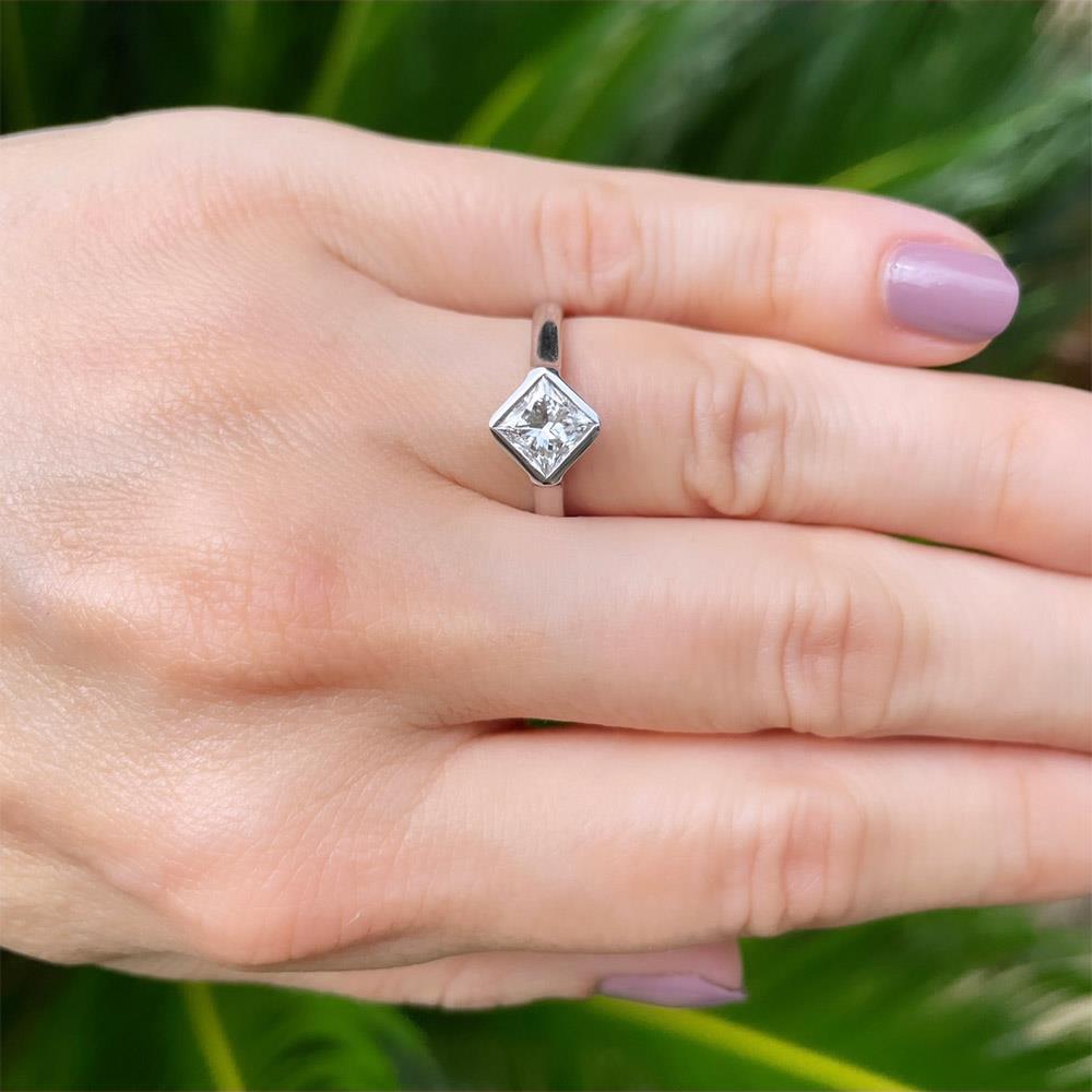 Modern Bezel Solitaire Princess Diamond Ring (1.19ct) in 14k White Gold