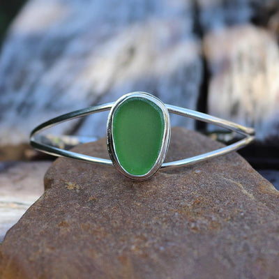 Green Beach Glass Cuff Bracelet in Sterling Silver