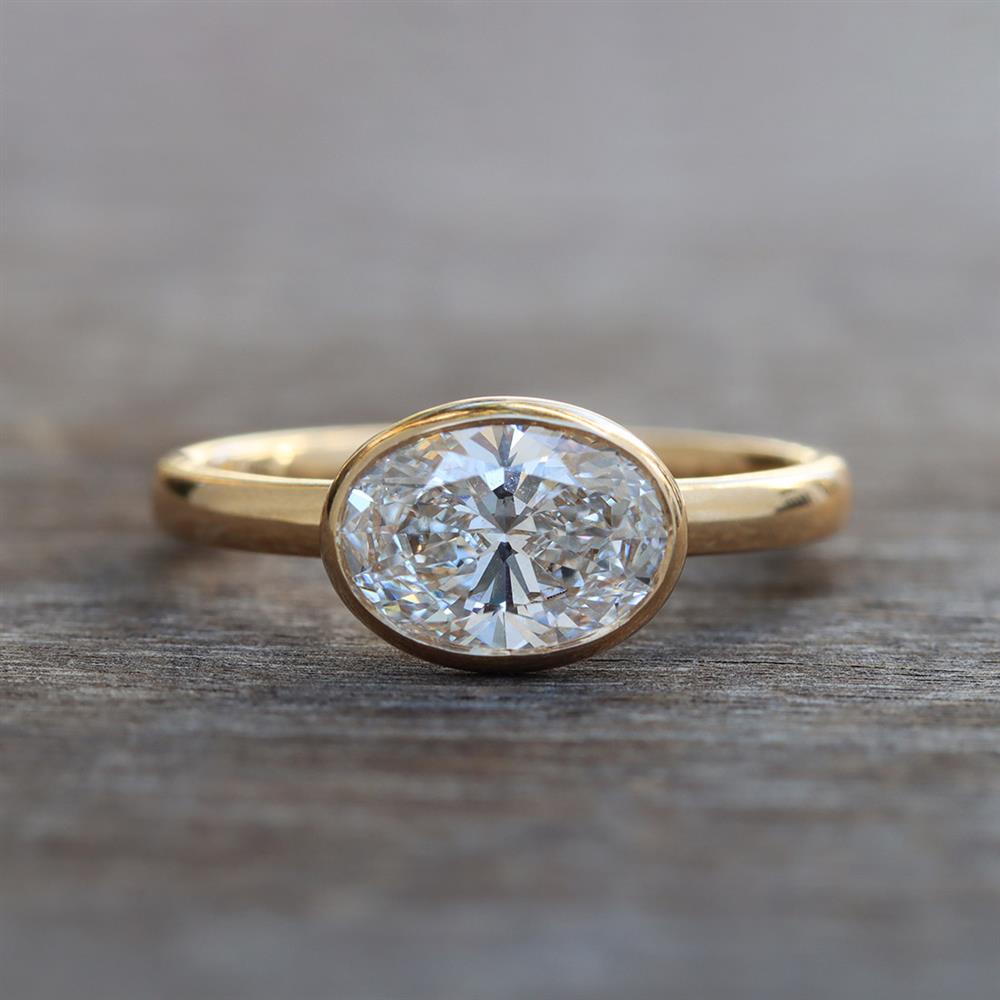 Modern Oval East-West 1.54ct Lab Grown Diamond Bezel Solitaire Ring in 14k Yellow Gold