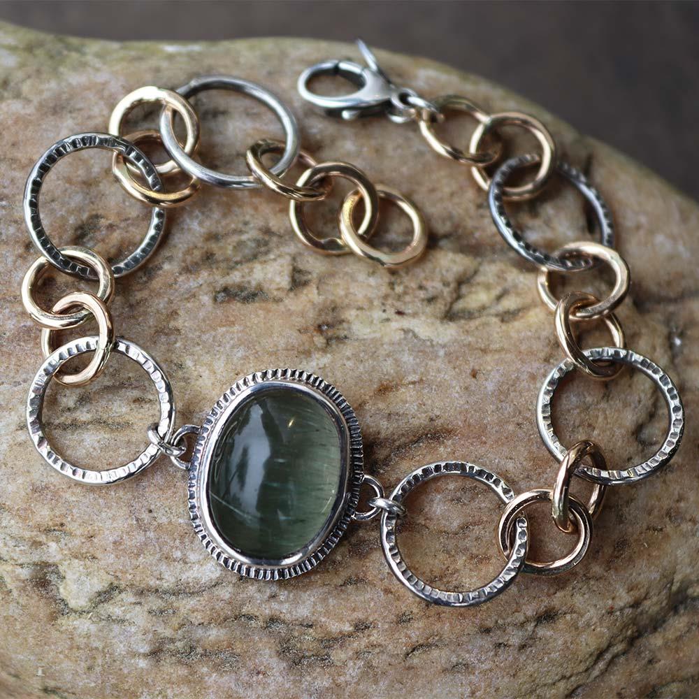 Green Tourmalinated Quartz Link Bracelet in Two Tone