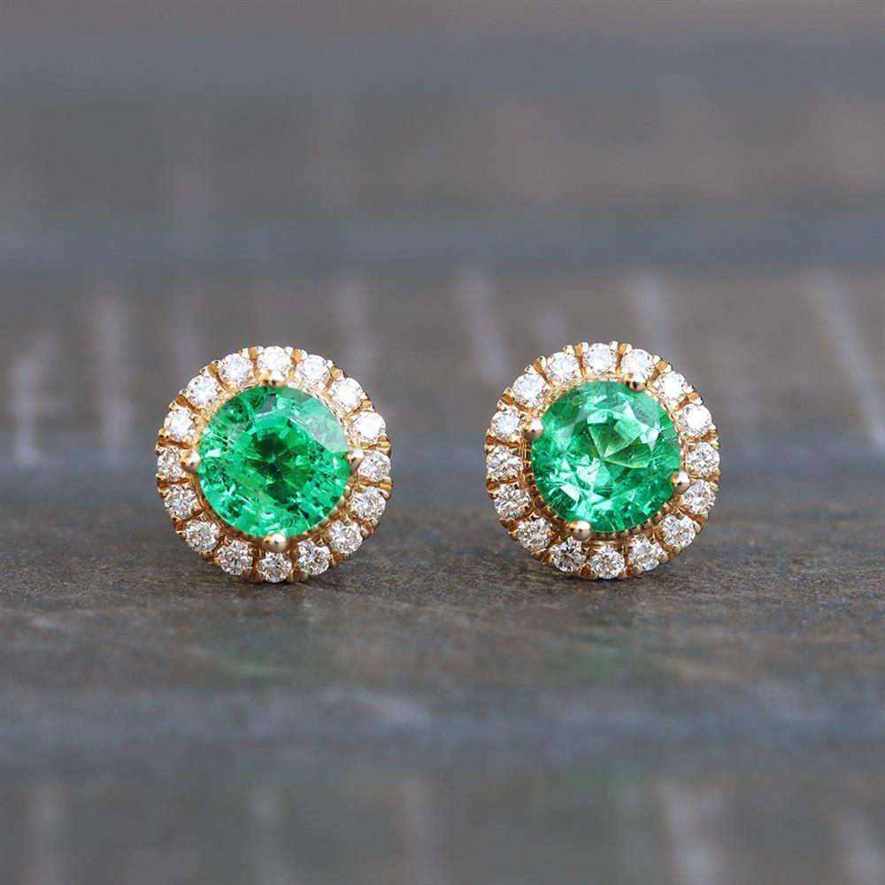 Emerald and Diamond Stud Earrings in 14k Yellow Gold