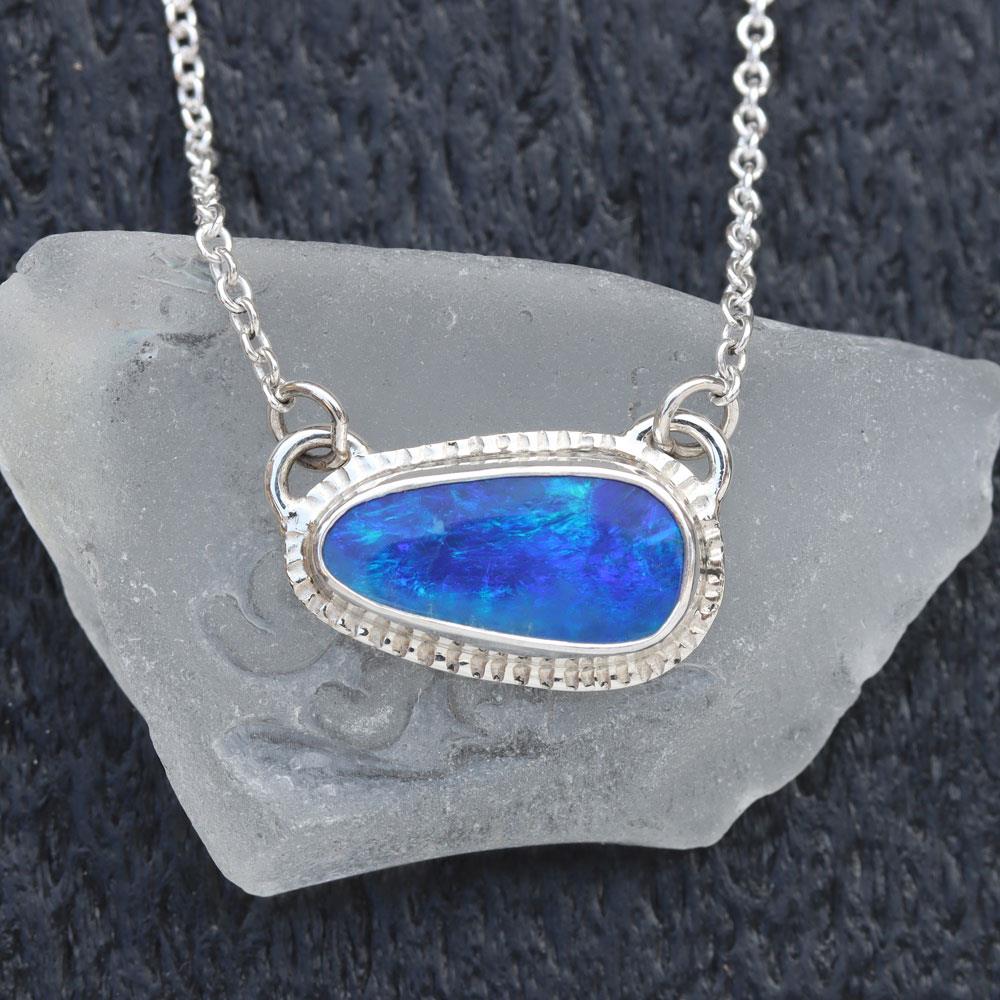 Blue Opal Burst Halo Necklace in Sterling Silver