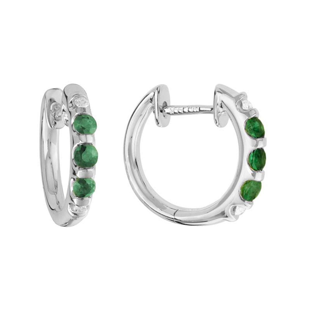 Emeralds and Diamond Small Hoop Earrings in 14k White Gold
