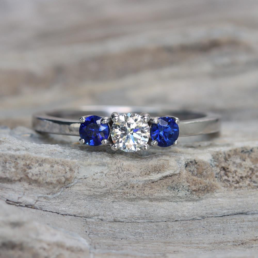 Petite Diamond & Sapphire Three-Stone Ring in 14k White Gold