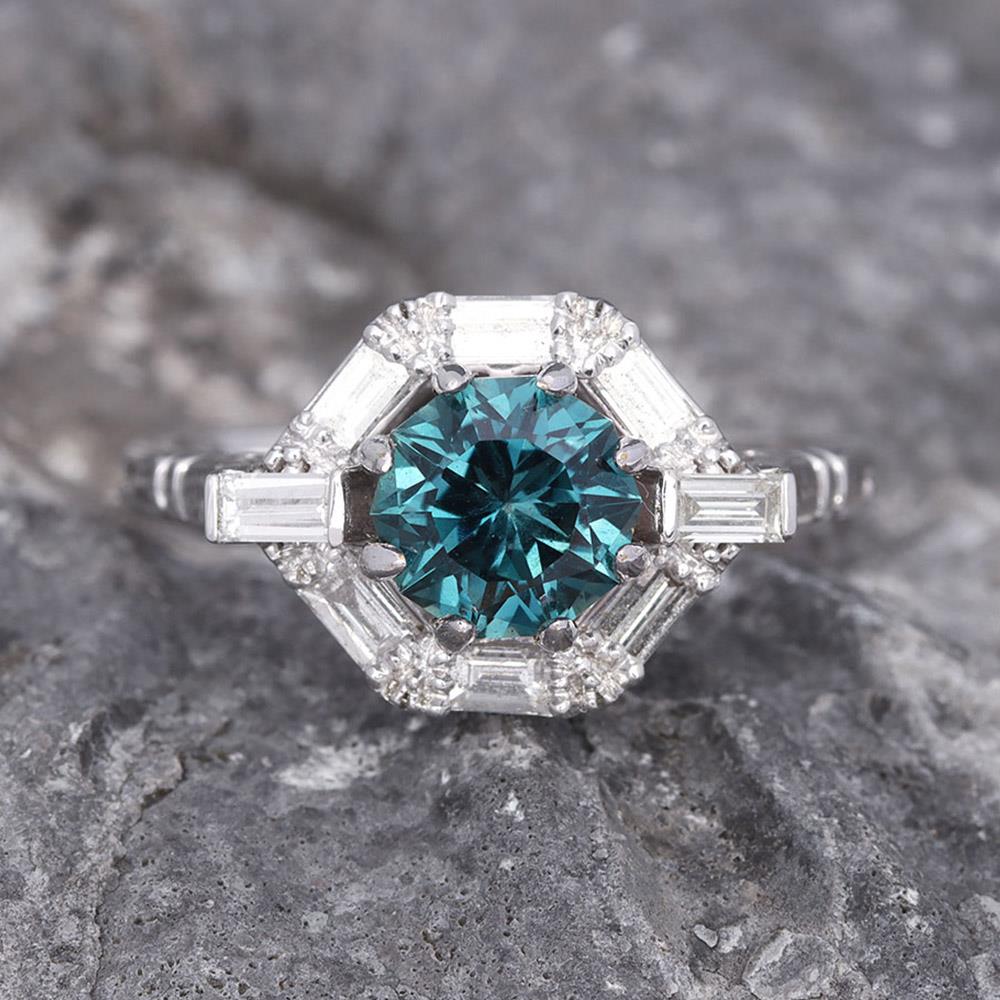 Geo Deco Color Change Sapphire & Diamond Ring in 14k White Gold