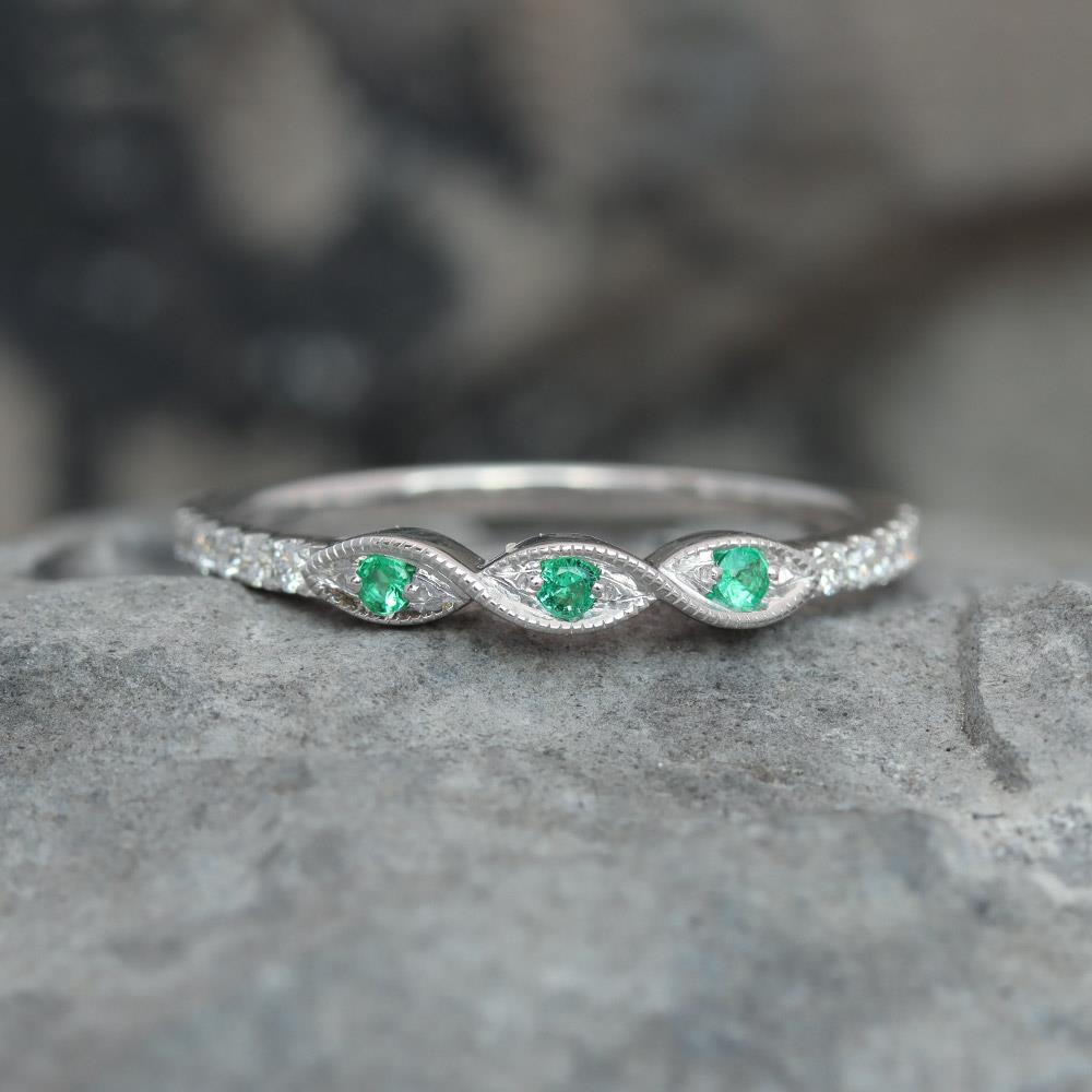 Petite Infinity Emerald and Diamond Band in 14k White Gold