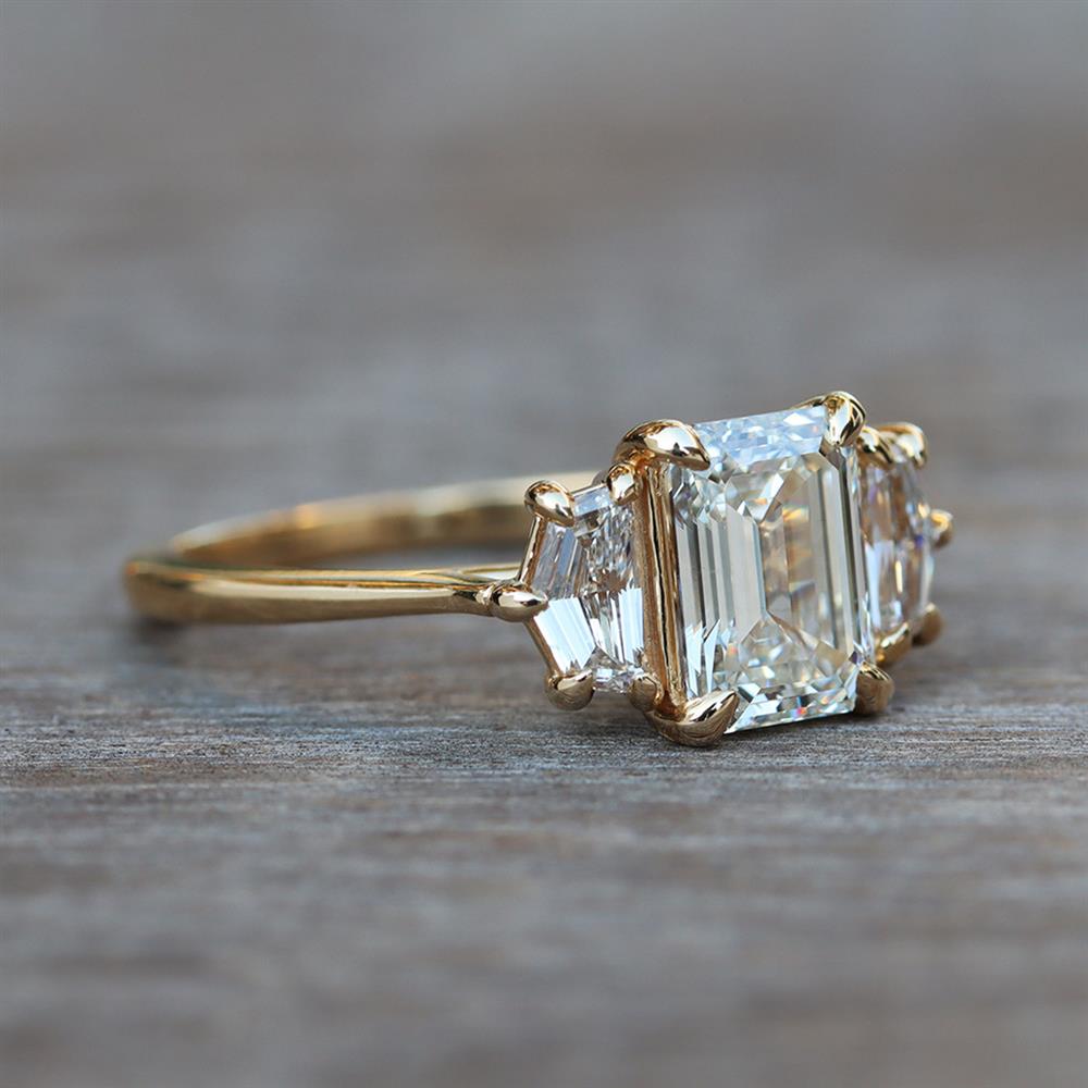 Geometric Emerald Cut Three Stone Lab Grown Diamond Ring in 14k Yellow Gold