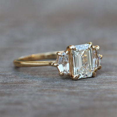 Geometric Emerald Cut Three Stone Lab Grown Diamond Ring in 14k Yellow Gold