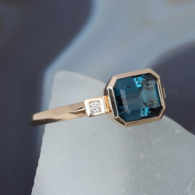 London Blue Topaz & Diamond Bezel Ring in 14k Yellow Gold