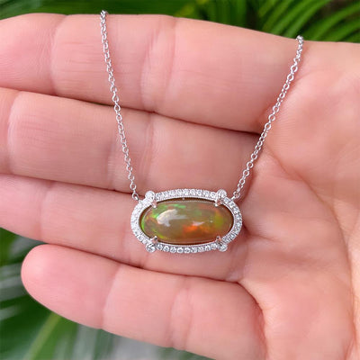 Glowing Opal & Diamond Halo Necklace in 14k White Gold