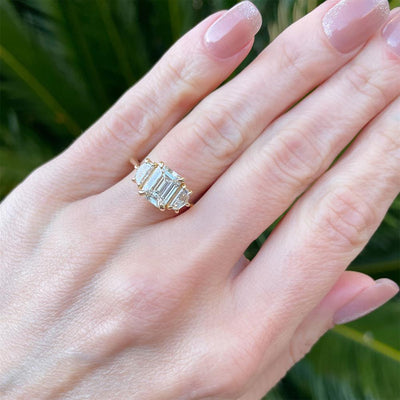 Geometric Emerald Cut Three Stone Lab Grown Diamond Ring in 14k Yellow Gold