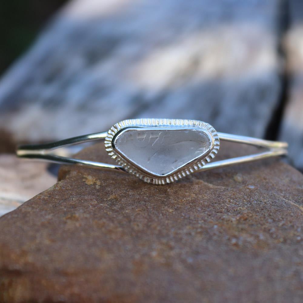 White Beach Glass Burst Halo Cuff Bracelet in Sterling Silver