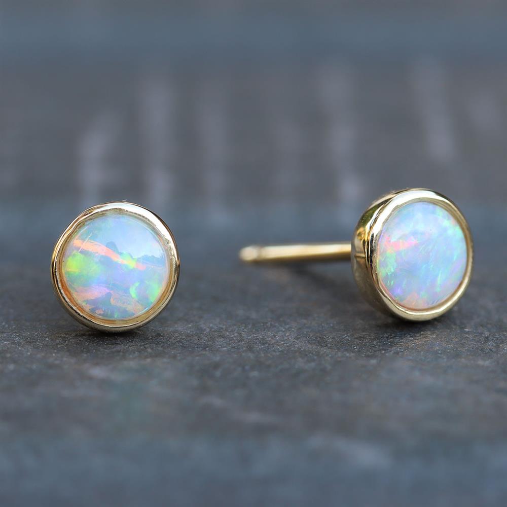 Round Opal Stud Earrings in 14k Yellow Gold