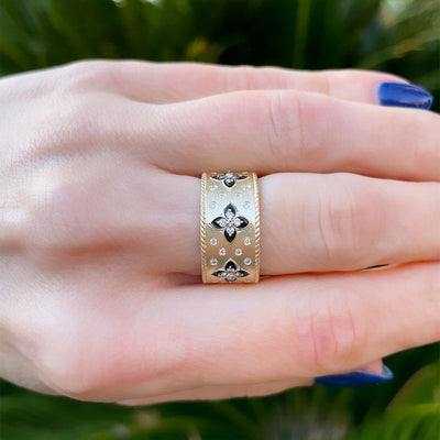 Flowers & Diamonds Enamel Ring in 14k Yellow Gold