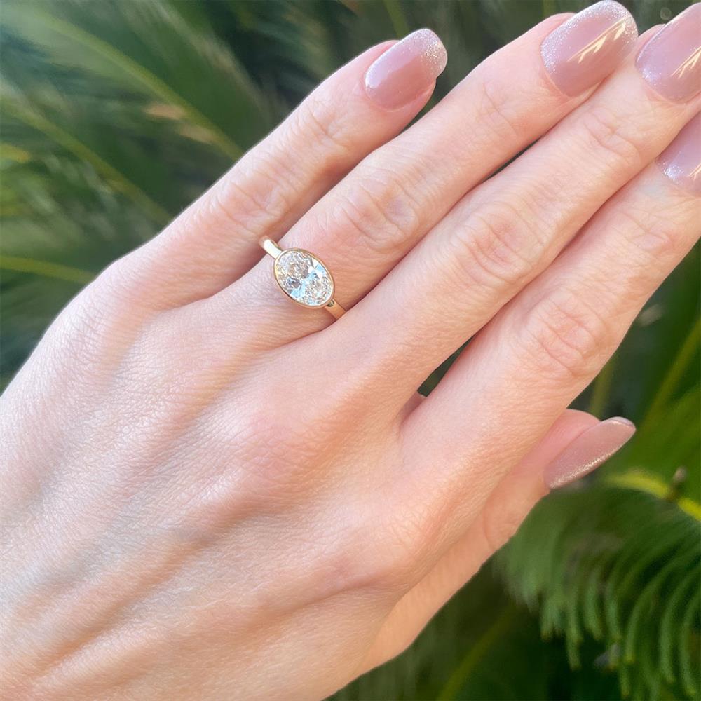 Modern Oval East-West 1.54ct Lab Grown Diamond Bezel Solitaire Ring in 14k Yellow Gold