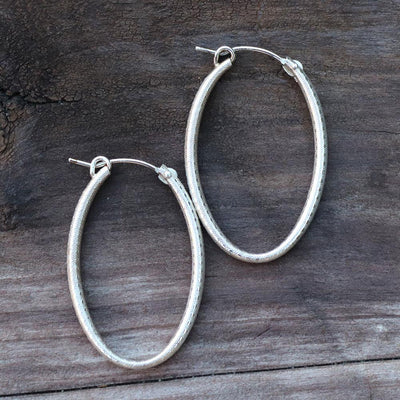 Oval Textured Hoop Earrings in Sterling Silver