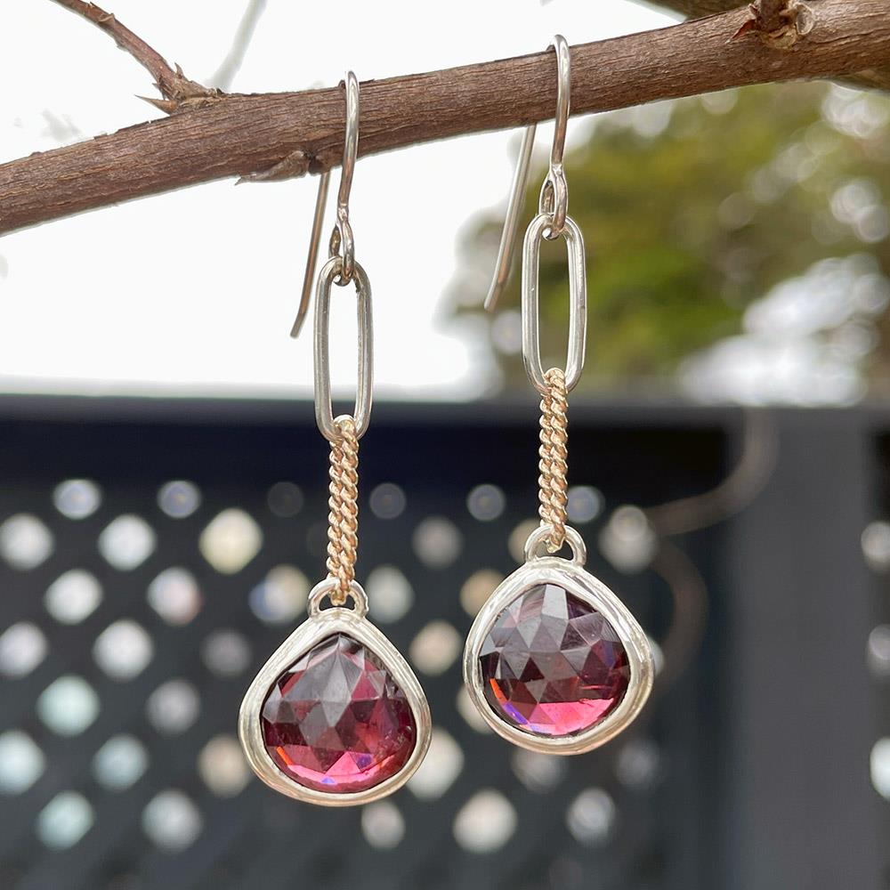 Twist and Shout Garnet Drop Earrings in Sterling Silver and 14k Gold Fill