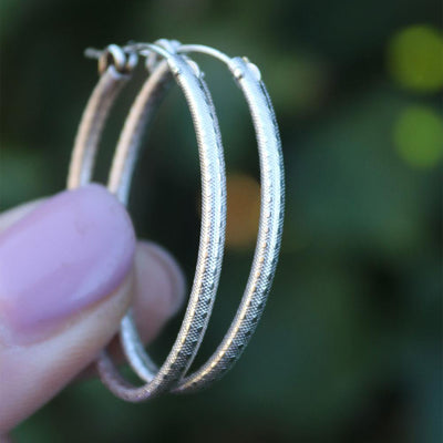 Oval Textured Hoop Earrings in Sterling Silver